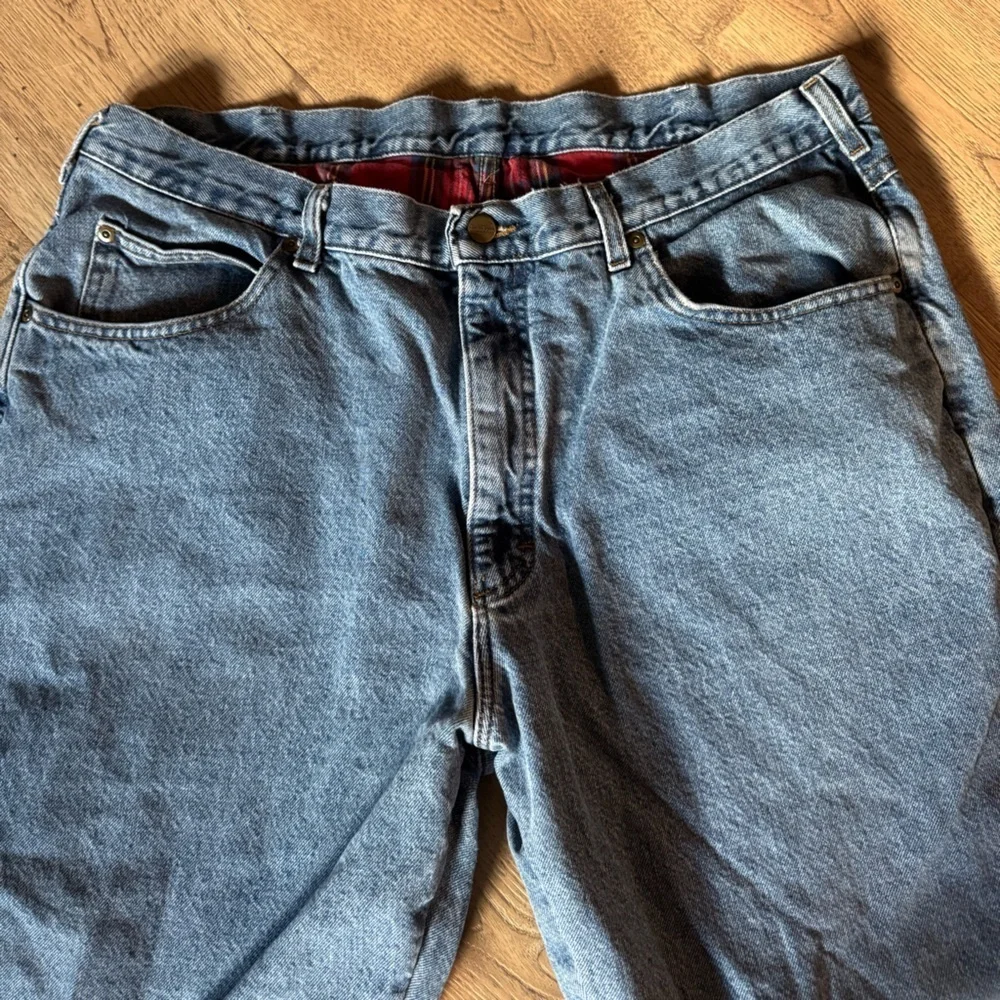 L.L. Bean Men's Relaxed Fit Red Plaid Flannel Lined Blue Jeans 42x30